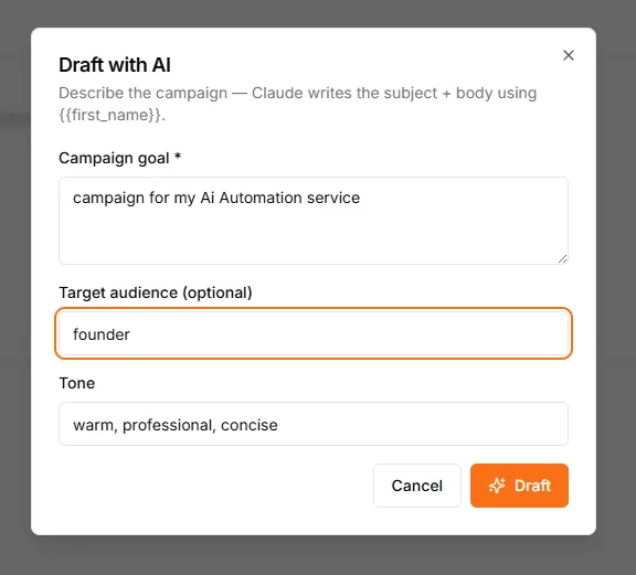 Draft with AI modal asking for campaign goal, audience, and tone