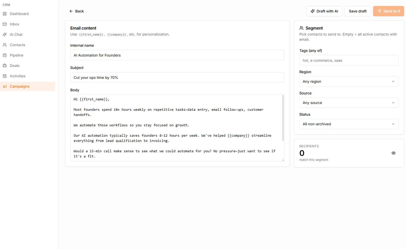 AutomaQue CRM campaign editor with Draft with AI controls and audience segment filters