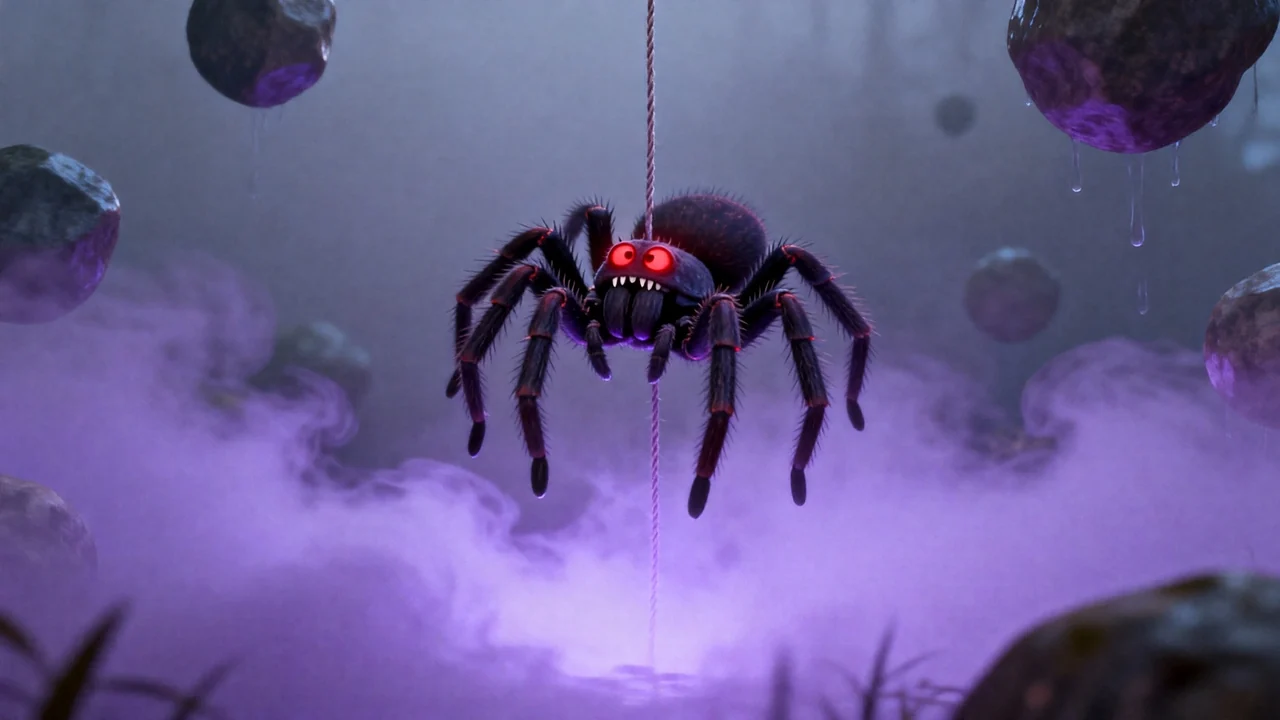Vex lowering itself into a violet-lit chamber on a single thread