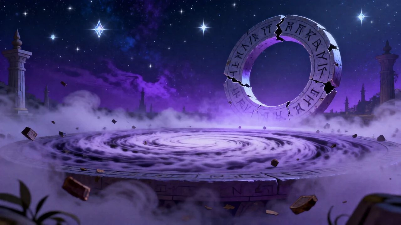 An empty rune platform under a cracked stone ring, violet mist rolling across it