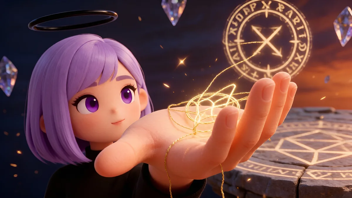 Echo, a halo'd priestess before a pentagram of memory