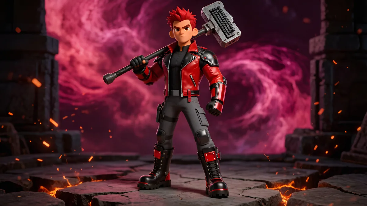 Forge, a cyber-mage running with a keyboard as a hammer