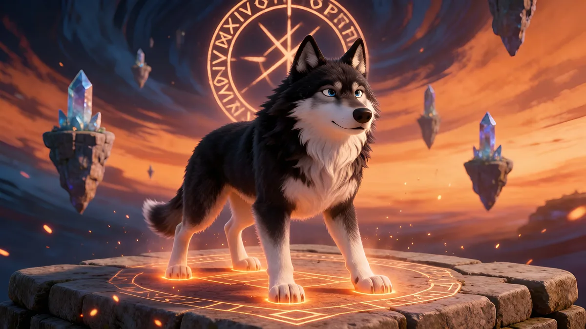 Hiru, a giant wolf etched with white runes