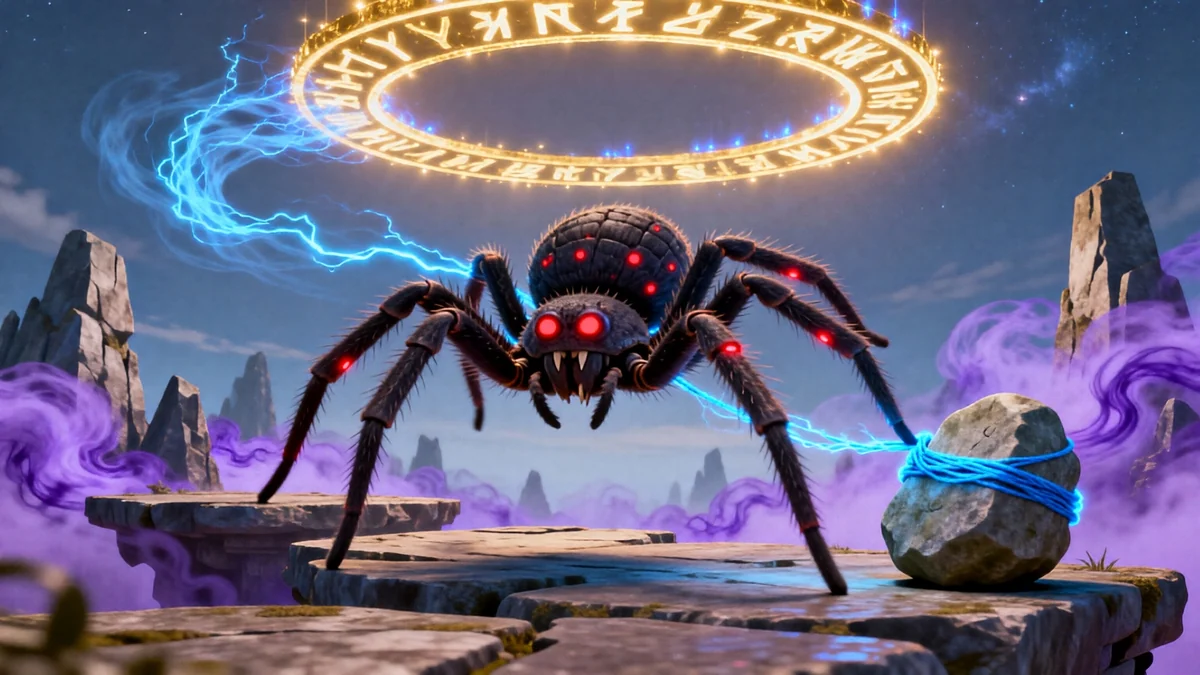 Vex binding a stone with a web strand beneath a ring of runes